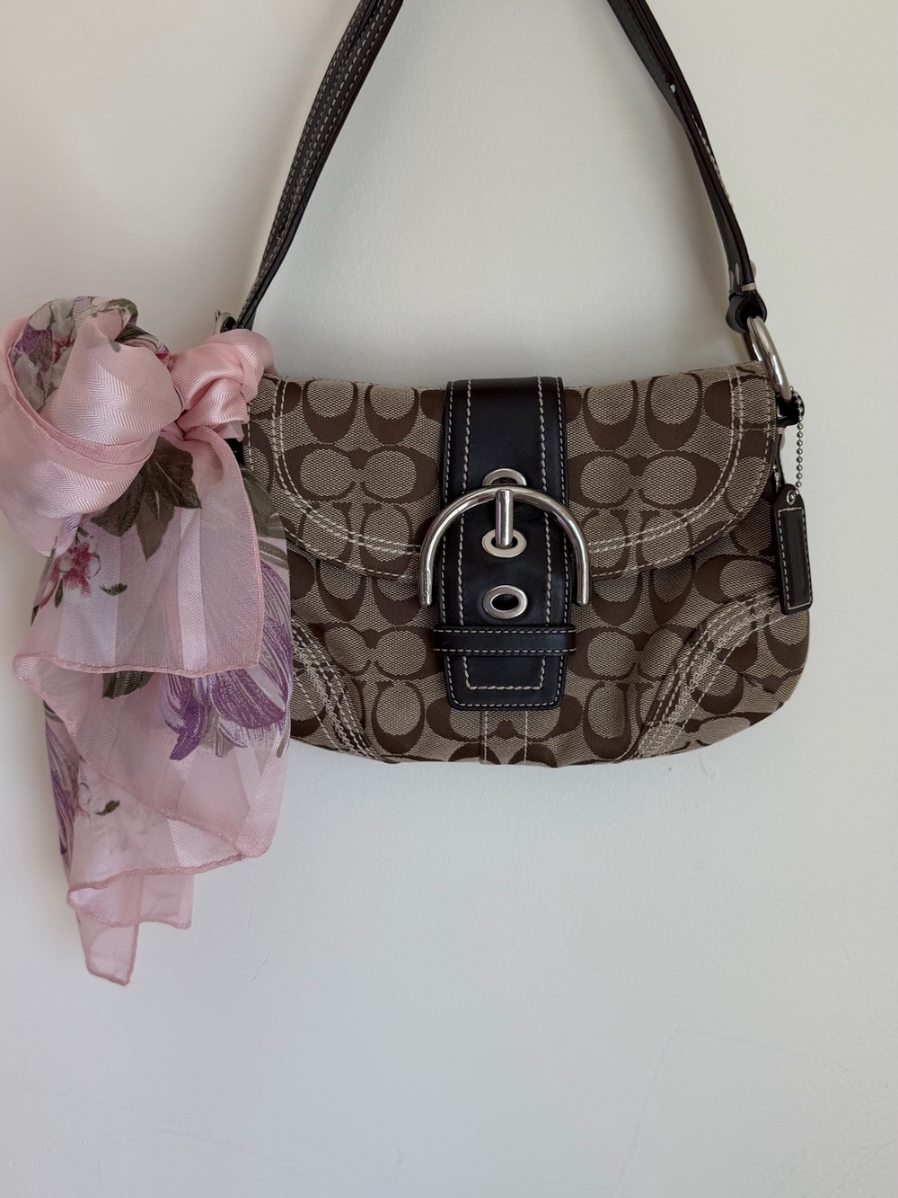 Coach Signature Canvas Shoulder Bag with Pink Scarf Accent